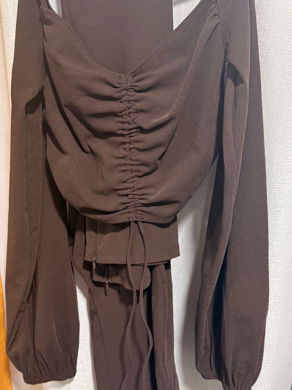 Zara Chocolate Brown Ruched Drawstring Long Sleeve Top SET